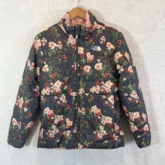 The North Face Jacket Girls Reversible Mossbud Swirl Gray Pink Floral XL - Picture 1 of 11